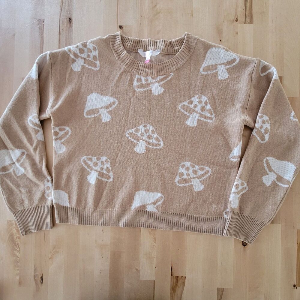 Tan White Mushroom Pullover Crop Sweater Cottage Boho Psychedelic Sz Small Hippi